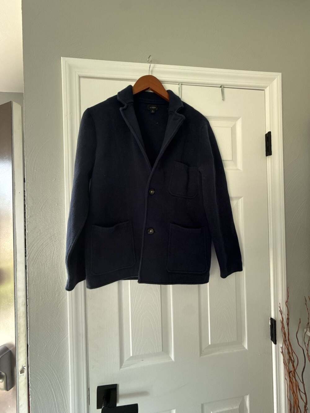 J.Crew Men's Navy Blue Cotton Lapeled Cardigan Knit Blazer with Patch Pockets